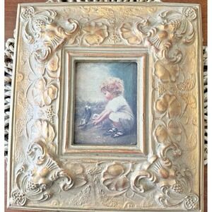 Catherine P Booker Little Girl Feeding Pigeons Print Carved Gilded Frame Vintage